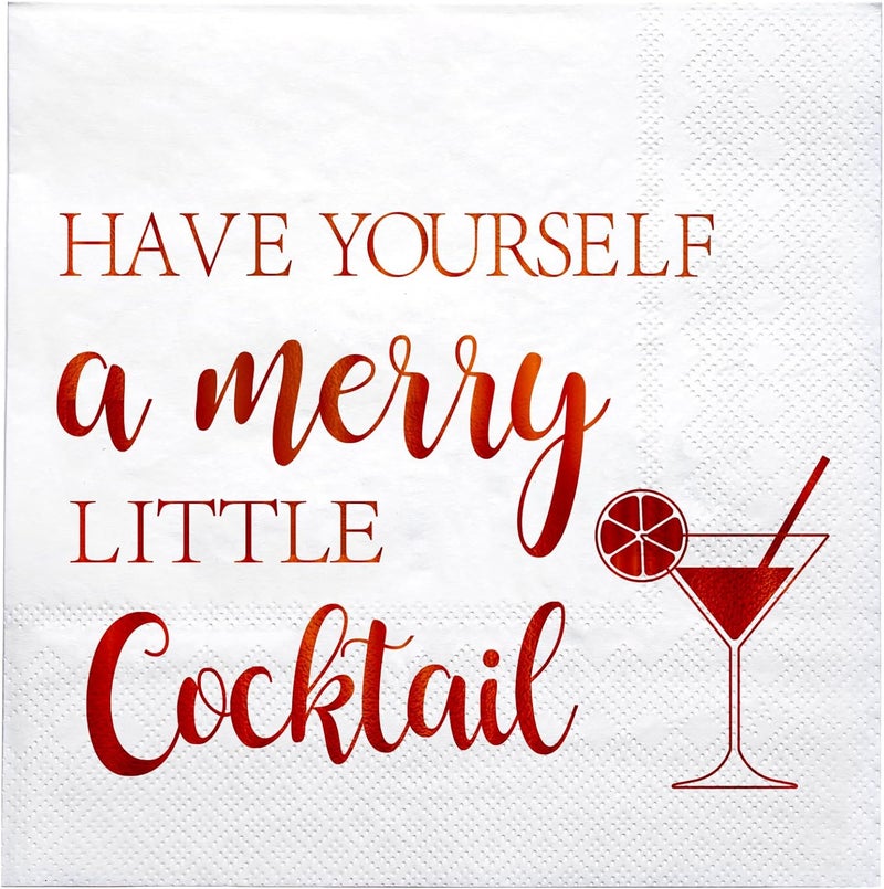 LeZakaa 50Pcs Christmas Cocktail Napkin, Have Yourself a Merry Little Cocktail Red Gold Foil Design, 3-Ply Dinner Napkins Square Disposable Guest Paper, Table Décor and Party Supplies, 6.5 x 6.5In - Image 1